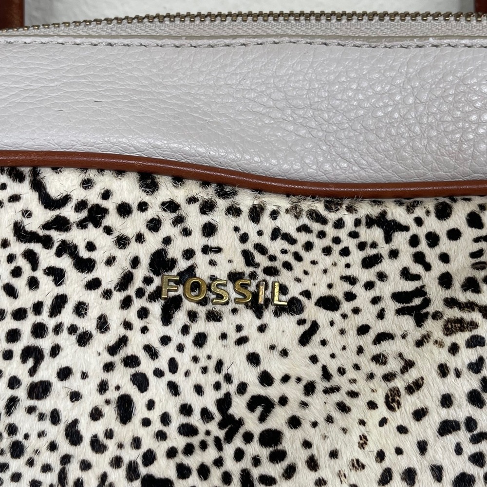 Fossil Memoir Satchel Leather Calf Hair Purse White Bone Spot Animal Print Boho‎ - Picture 2 of 15